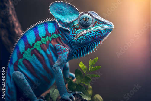Incredibly cute colorful chameleon lizard with changing colors Fototapet