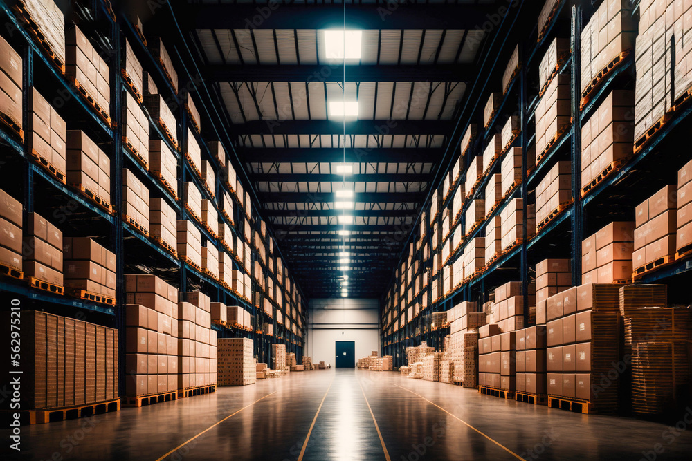 A large clean warehouse with shelfs, carboard boxes and products, Generative AI - obrazy, fototapety, plakaty 
