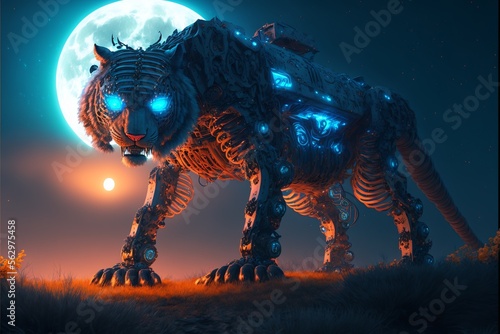 Cybernetically enhanced tiger biomutant staring ath you with glowing blue eyes with a full moon behing its head photo