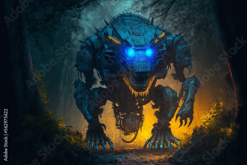 Cybernetically enhanced bull head and gorilla body giant biopunk mutant with orange lights and blue visor in a forest at night