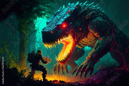 Raging and roaring smaller cybernetically enhanced dinosaur head and gorilla body giant biopunk mutant with  yellow glowing jaws trying to eat a marine while being entangled with red vines © Csaba