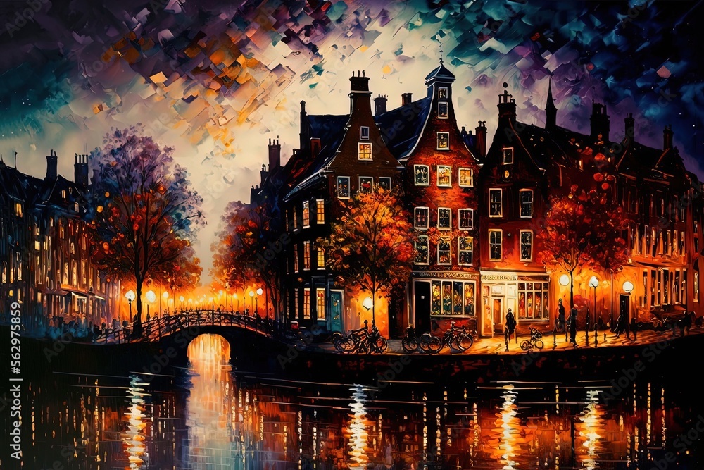 Fototapeta premium beautiful illustration of vintage cityscape at river side, Generative Ai