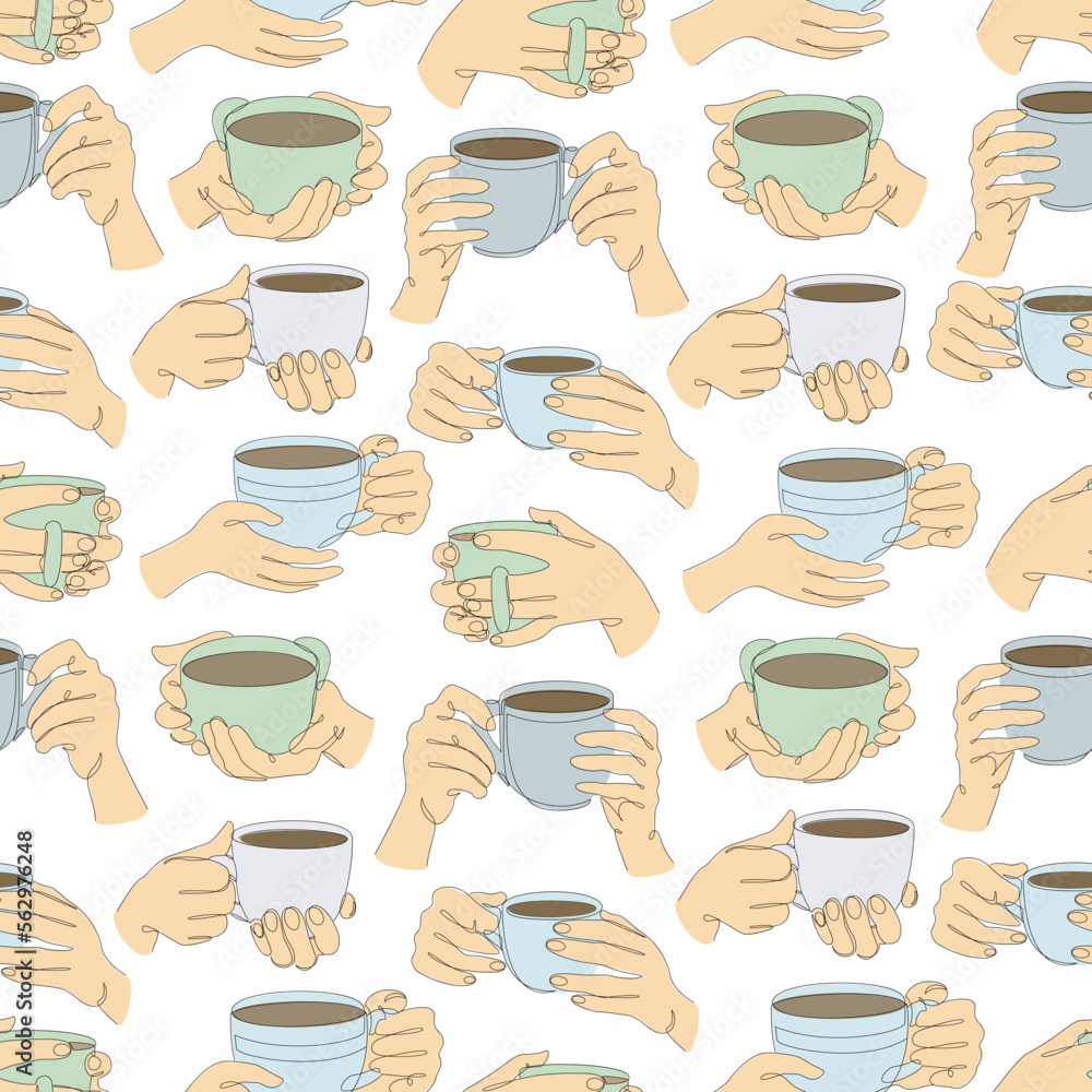 Fototapeta premium Hand drawn hand drawn and vintage cup of tea seamless pattern. Coffee mugs seamless pattern. Continuous line drawing of fashion. Vector illustration
