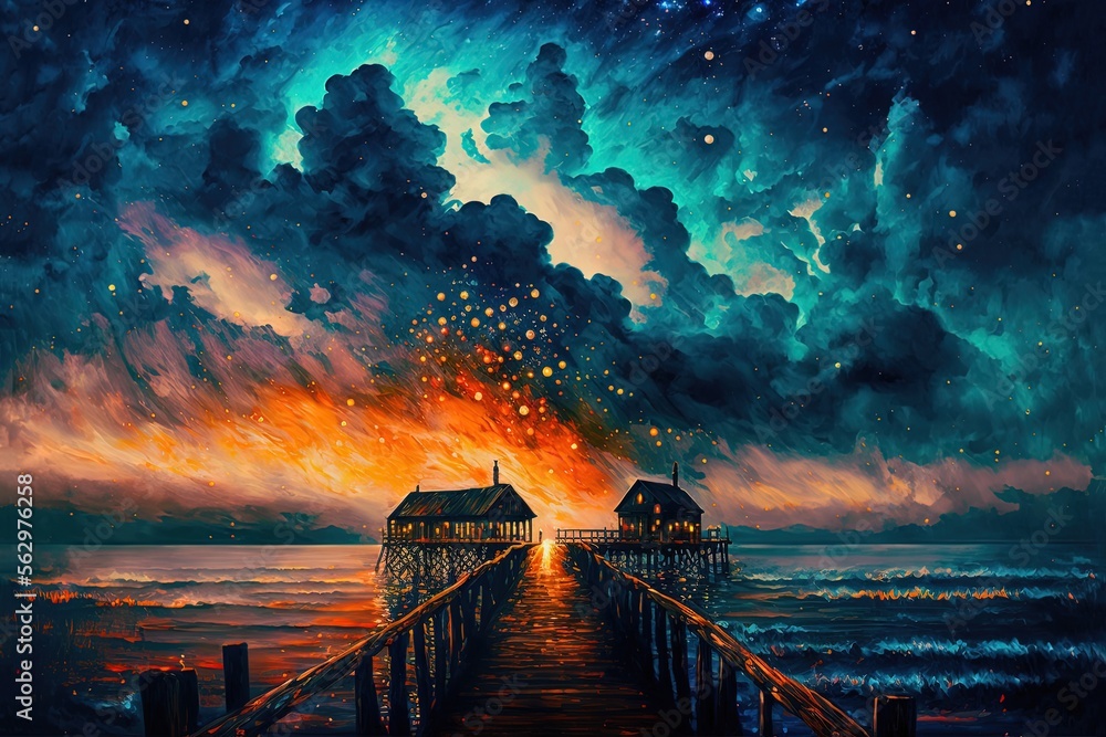 Φωτογραφία oil painting illustration of a beautiful seascape and galaxy sky with pavilion o