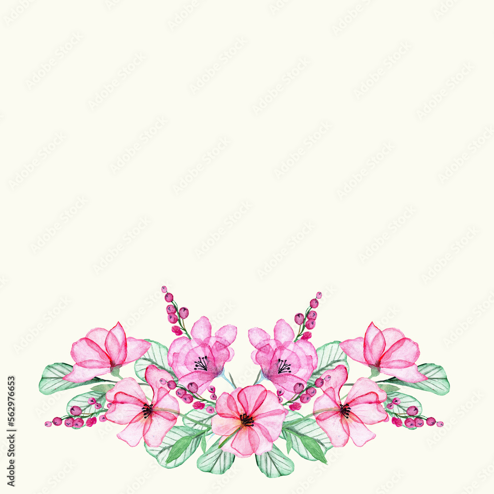 Pink Flowers Composition. Watercolor Hand Drawn Frame. Valentine's Day Concept.