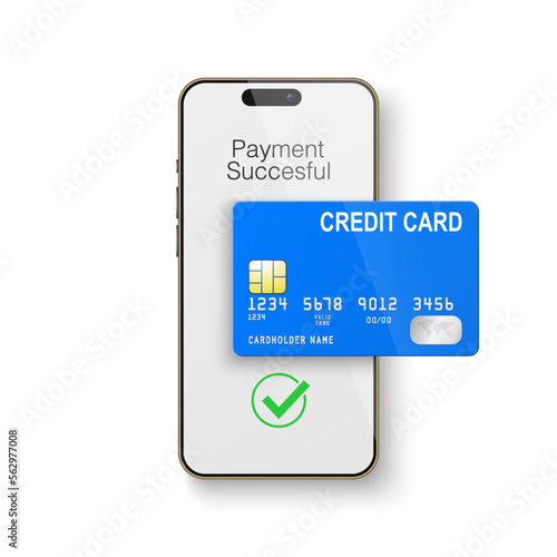 Vector 3d Realistic Smartphone and Credit Card, Wi-Fi Successful Payment. Concept of Payment for Purchases by Card, Online Shopping. Design Template, Bank POS Terminal, Mockup. Processing NFC Device