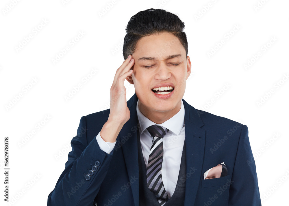 Burnout, stress and businessman with a headache with pain and feeling frustrated due to mental health. Corporate and professional employee depressed and isolated against a studio white background Burnout, stress and businessman with a headache with pain and feeling frustrated due to mental health. Corporate and professional employee depressed and isolated against a studio white background