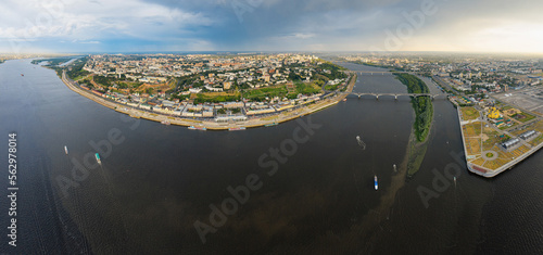 Nizhniy Novgorod, panorama of the historical center of the Nizhniy Novgorod, historical center of the city, embankment. View of the Strelka - the confluence of the Oka and Volga river. Aerial view.