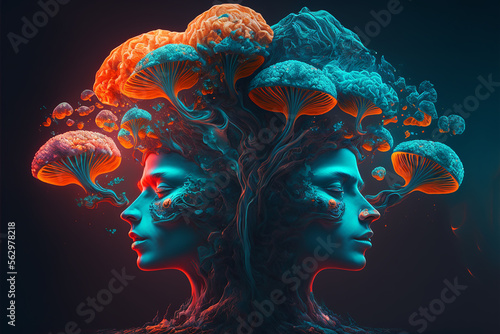 Psilocybin therapy as treatment of mental health challenges. Psilocybin psychotropic magic psilocybin mushrooms and human face on dark neon background. Generative AI photo