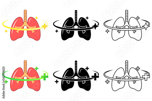 Healthy Remedy Recovery Cure Human Pair of Lungs Respiratory System Medical Logo, Set of Flat Icon Pictogram, Black-White Silhouette, Line Art Isolated on White Background Vector Illustration