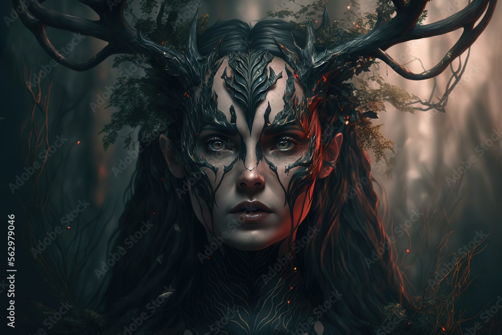 fawn, woman, demon, dark fantasy, forest, art illustration Stock ...