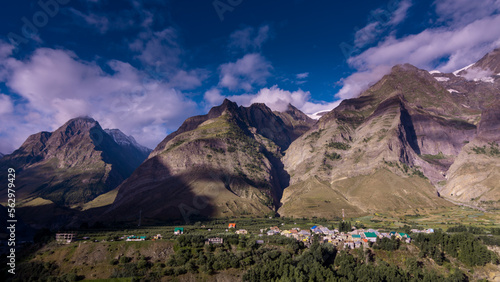 Lahaul and Spiti, Himachal Pradesh, India - 14 September 2021 : the landscape of mountains on the morning mist, dramatic light in mountains of himalayas