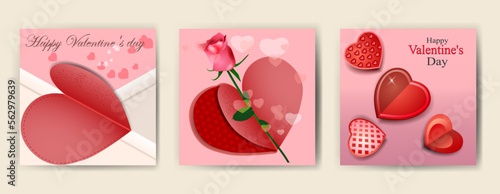 Cute Cards for Valentine's Day with Paper Hearts and Roses