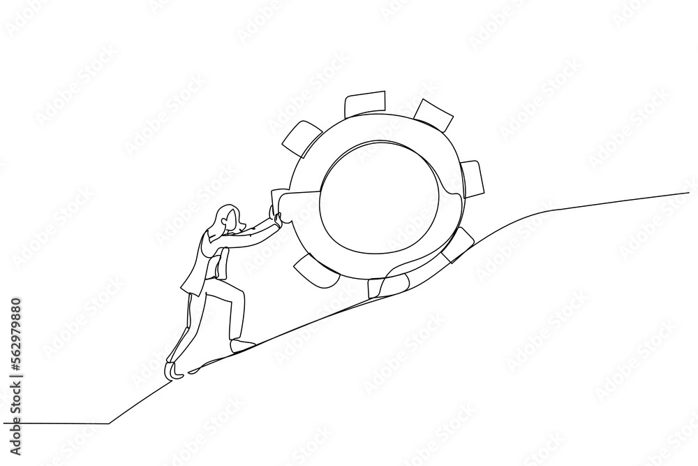 Obraz premium Illustration of businesswoman pushing gear to the top metaphor of persistence and hard work. One line art style