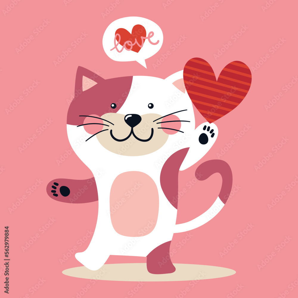 Illustration of a cat in love holds a heart with its paw and says love, Valentine's Day illustration Illustration of a cat in love holds a heart with its paw and says love, Valentine's Day illustration