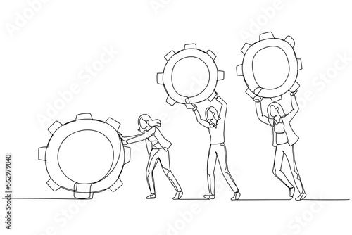 Illustration of businesswoman and colleague people holding cogwheels gear teamwork make dreamwork organization. One continuous line art style photo