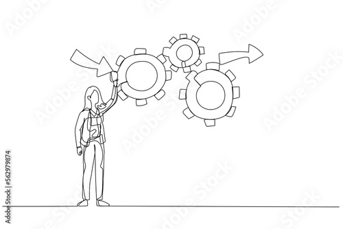 Cartoon of businesswoman make cogwheels work effective and efficient for best result concept of workflow management. Single continuous line art style