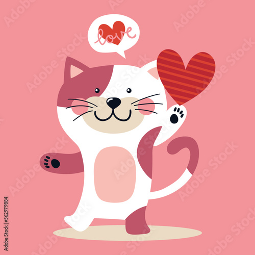 Illustration of a cat in love holds a heart with its paw and says love, Valentine's Day illustration