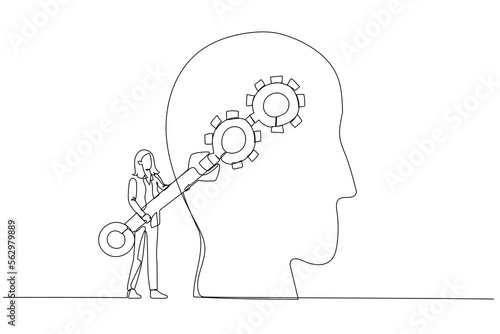 Drawing of businesswoman with using wrench fixing gear cogwheels metaphor for change mindset attitude. Single continuous line art style