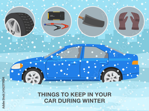Winter season safe car driving tips and rules. Checklist for drivers. Things to keep in your car during winter. Flat vector illustration template.