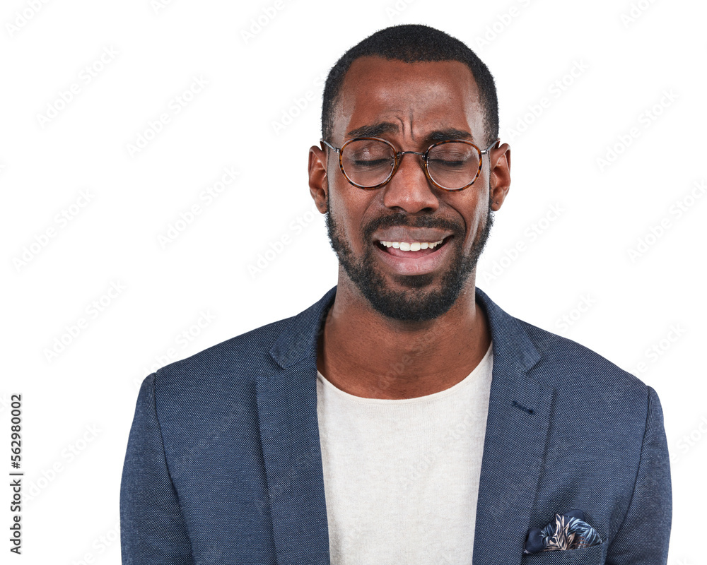 Business, black man and upset for financial crisis, stock market crash and guy isolated on white studio background. African American male, employee and consultant with depression, stress and crying Business, black man and upset for financial crisis, stock market crash and guy isolated on white studio background. African American male, employee and consultant with depression, stress and crying