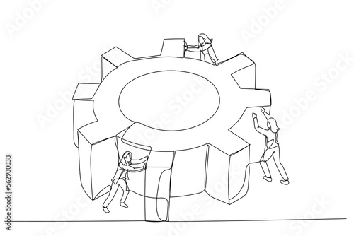 Drawing of businesswoman spinning cogwheel gear together with team concept of hard work team. Single line art style