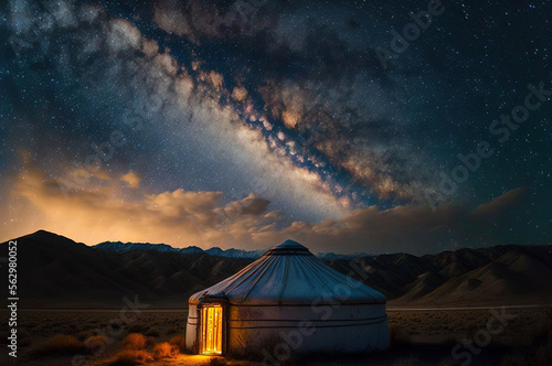 Yurts on the Mongolian grasslands at night with the Milky Way