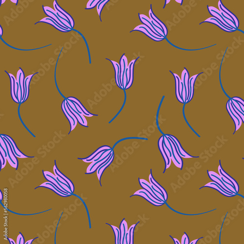 Cute seamless repeat pattern with lilac flowers on brown background, floral motif for all seasons. Drawing of bright flowers in a pattern for textiles, wrapping paper and packaging design. Vector
