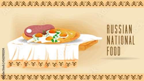 fried steak with fried eggs on a wooden platter on a towel with an ornament flat illustration of traditional food