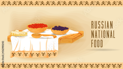 two cups with red and black fish caviar and a sandwich with butter on a wooden platter on a towel with an ornament flat illustration of traditional food