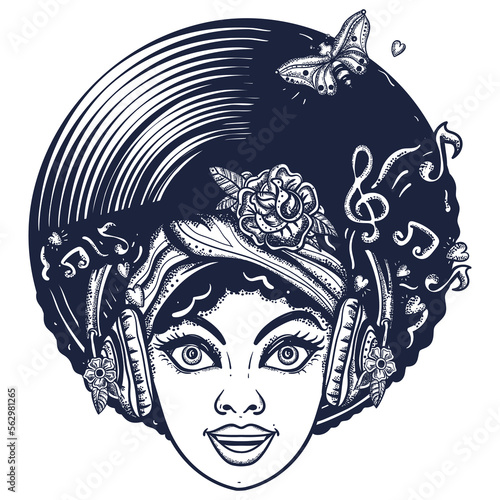 Funk music girl. African woman face with afro hairstyle, portrait. Hippie people. Old school tattoo vector art. Hand drawn graphic. Isolated on white. Traditional flash tattooing