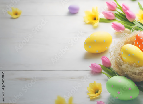 easter eggs and tulips on wooden texture, background template, created with generative ai #562981285