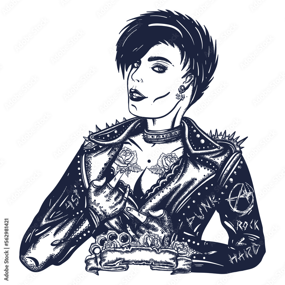 Punk girl. Rock woman musician. Street music culture. Old school tattoo vector art. Hand drawn graphic. Isolated on white. Traditional flash tattooing Punk girl. Rock woman musician. Street music culture. Old school tattoo vector art. Hand drawn graphic. Isolated on white. Traditional flash tattooing