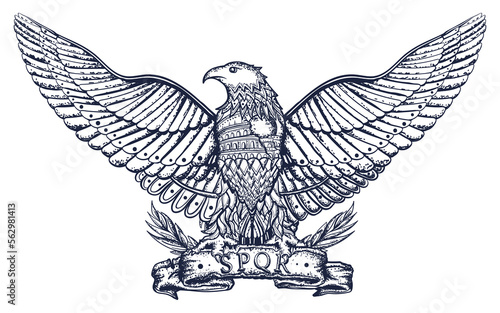 Ancient Rome eagle. Symbol of the Roman Empire. Old school tattoo vector art. Hand drawn graphic. Isolated on white. Traditional flash tattooing style
