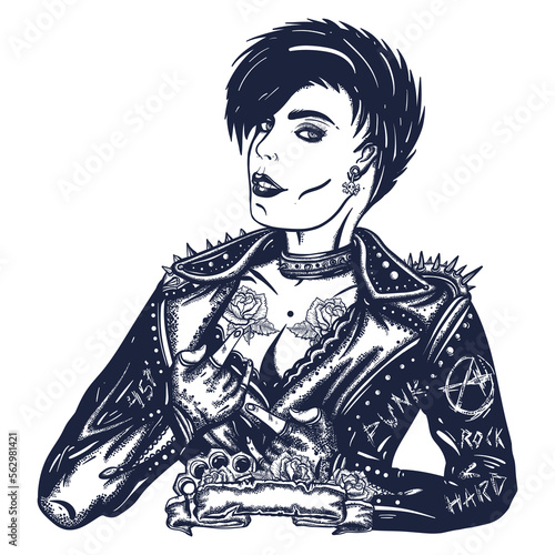 Punk girl. Rock woman musician. Street music culture. Old school tattoo vector art. Hand drawn graphic. Isolated on white. Traditional flash tattooing