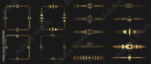 Collection of geometric art deco ornament. Luxury golden decorative elements with different lines, shapes, frames, divider and border. Elegant vector set design for card, invitation, poster, banner.