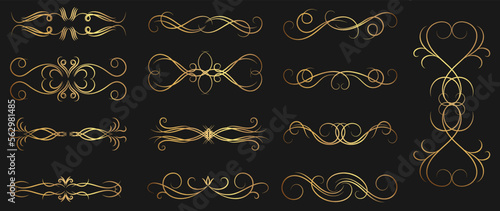 Luxury golden Ornament frame decorative elements with different delicate curve lines, divider and borders. Elegant vector set design for card, invitation, poster, banner.