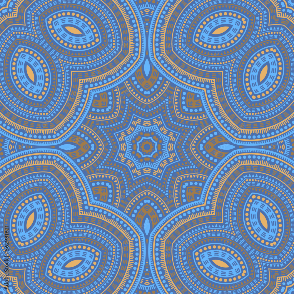 Ottoman ethnic mosaic vector seamless motif. Batik print design. Delicate majolica ornament. Interior decor design. Circles and lines elements texture.