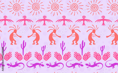 Kokopelli with flute, pangolin, hawk, sun symbol, hands and plant tribal vector seamless pattern.