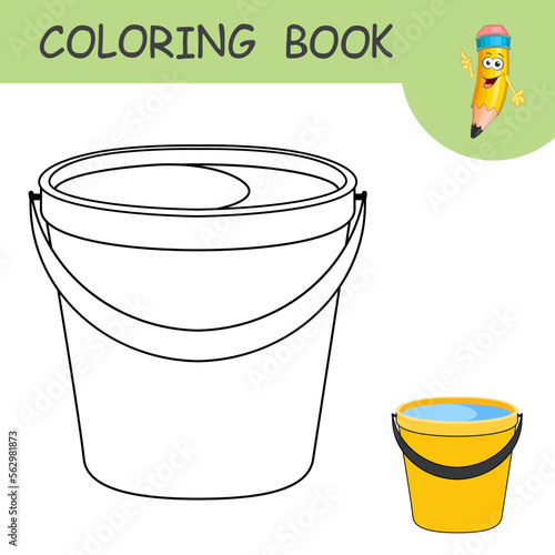 Cartoon bucket filled water. Template of colorless and color samples water pail on coloring page. Practice worksheet with bucket of water for garden or cleaning house. Coloring book for kids.