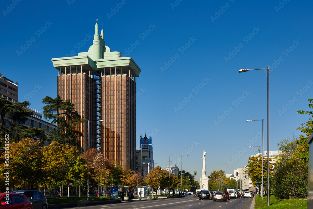The famous Building called Colon Towers, in the Paseo de Recoletos ...
