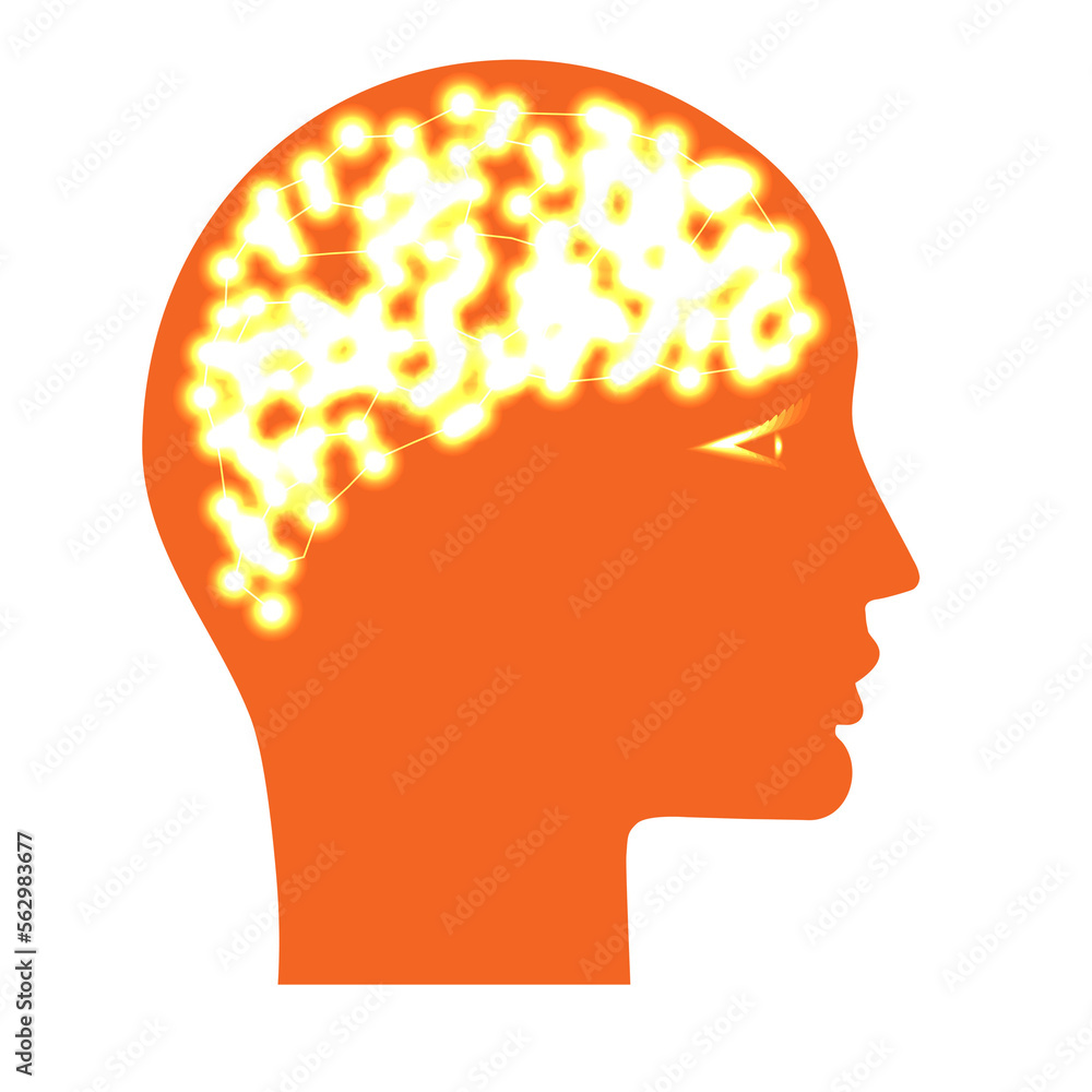 Human head icon for conceptual projects, shone brain dots