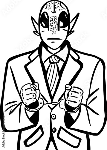 drawing of an arrested alien in handcuffs and a human costume on a white background	