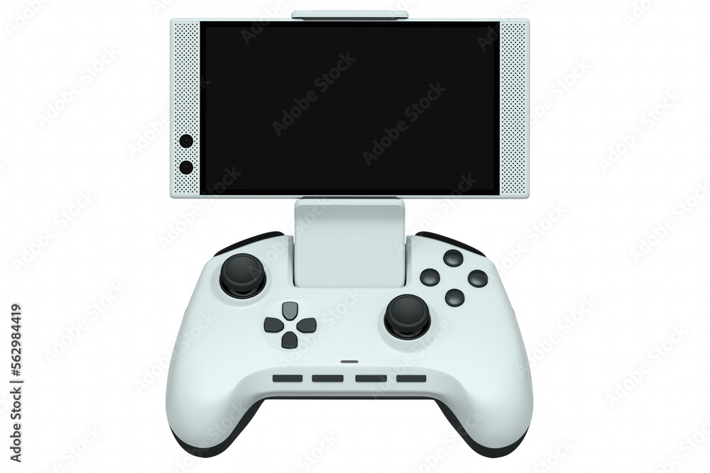 Realistic white joystick for playing games on mobile phone on white background Realistic white joystick for playing games on mobile phone on white background