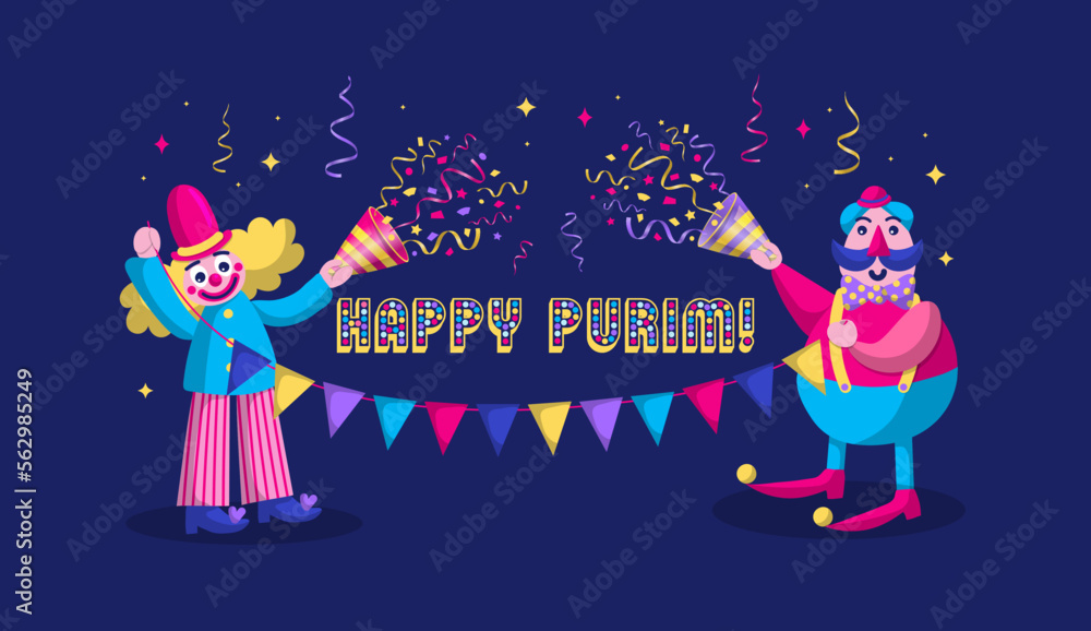 Naklejka premium Happy Purim - a Jewish holiday. Colorful background with clown and party popper confetti