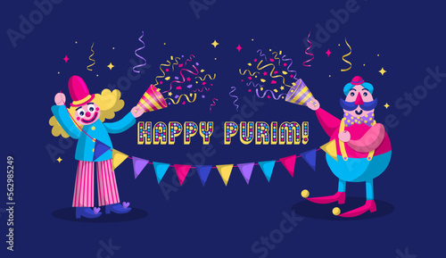 Happy Purim - a Jewish holiday. Colorful background with clown and party popper confetti