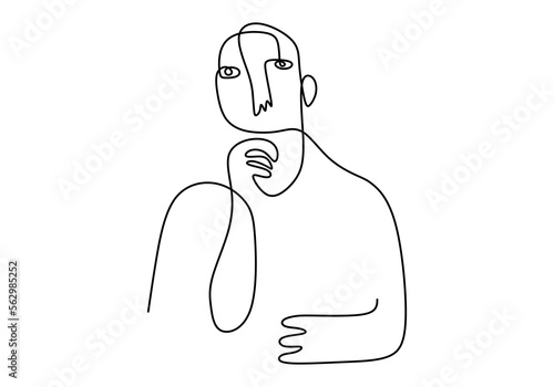 Hand drawn single line of primordial man body and face isolated on white background. photo