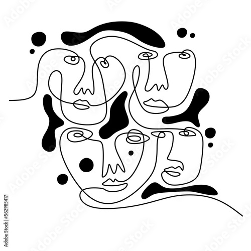 Hand drawing one line surreal primordial face isolated on white background.