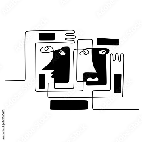 Hand drawing one line surreal primordial face isolated on white background.