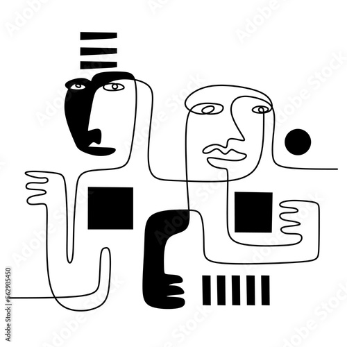 Hand drawing one line surreal primordial face isolated on white background.